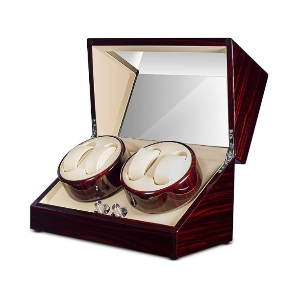 4-Slot Automatic Watch Winder Watch Box US Cherry Wood Glass Lid