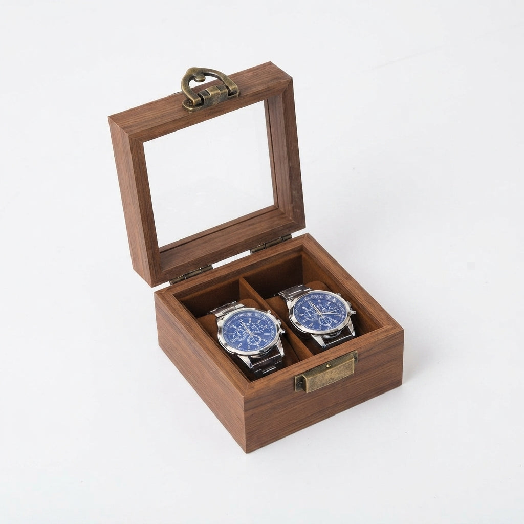 2-Slot Watch Box US Wood Glass Lid