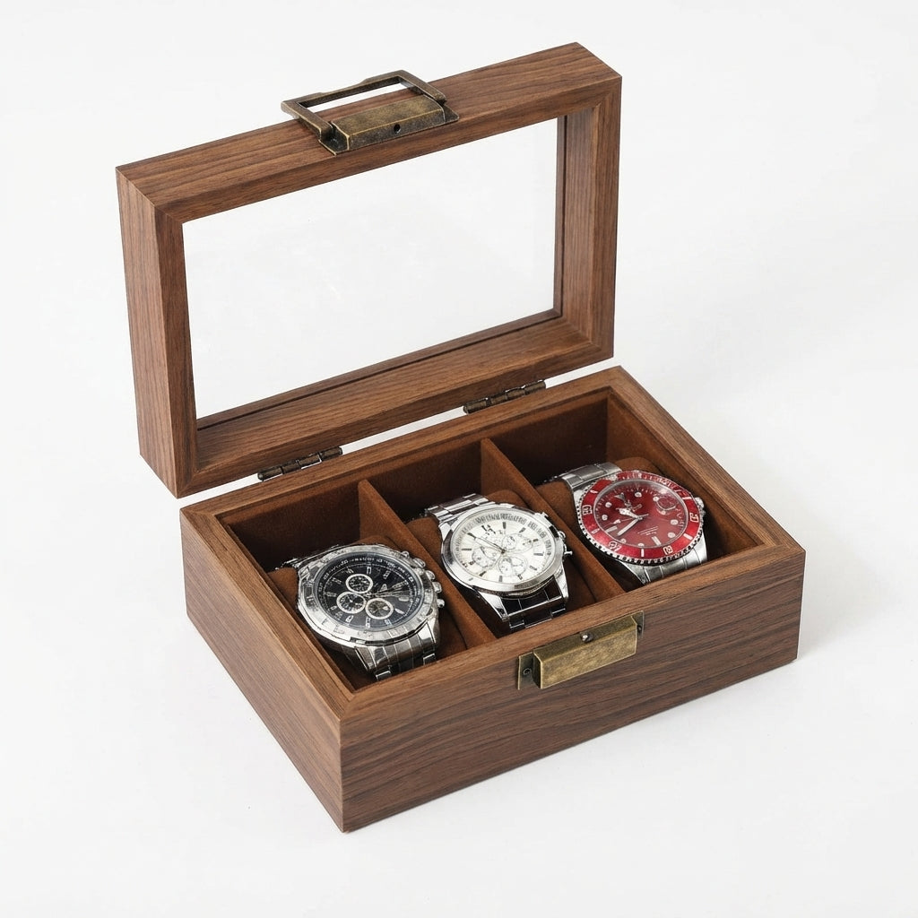 3-Slot Watch Box US Wood Glass Lid