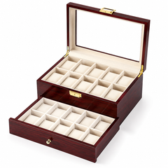 16-Slot Watch Box US Mahogany Wood Glass Lid Drawer