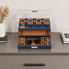 4-Slot Watch Case US Blue Stand with Storage Drawer