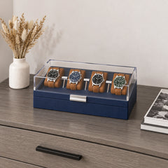 4-Slot Watch Case US Blue Stand with Storage Drawer