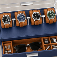 4-Slot Watch Case US Blue Stand with Storage Drawer