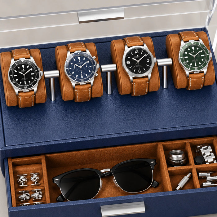 4-Slot Watch Case US Blue Stand with Storage Drawer