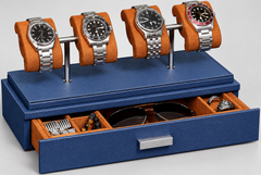 4-Slot Watch Case US Blue Stand with Storage Drawer
