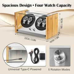 4-Slot Automatic Watch Winder Watch Box US Natural Bamboo