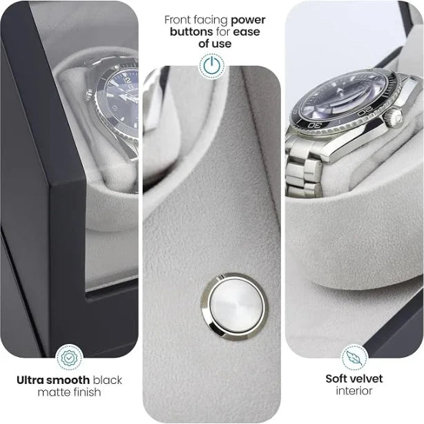 2-Slot Automatic Watch Winder Watch Box US Black Wood Glass Lid