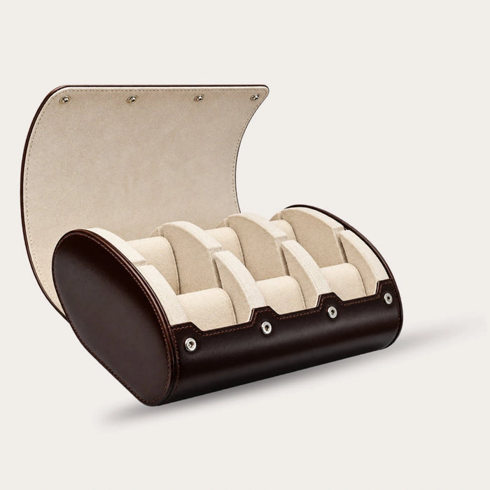 6 Slot Watch Roll - Brown Leather Timepiece Travel Organizer