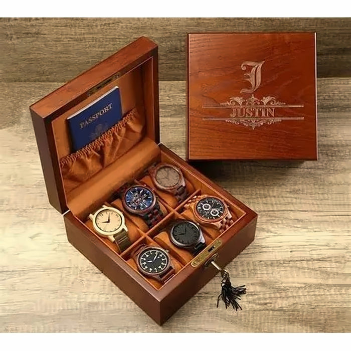 6 slot personalized wood watch box with lock and engraved lid