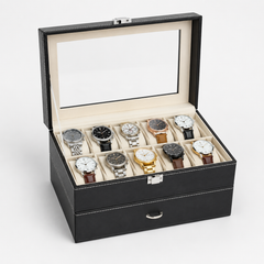 10-Slot Watch Box US Black Leather Glass Lid Drawer