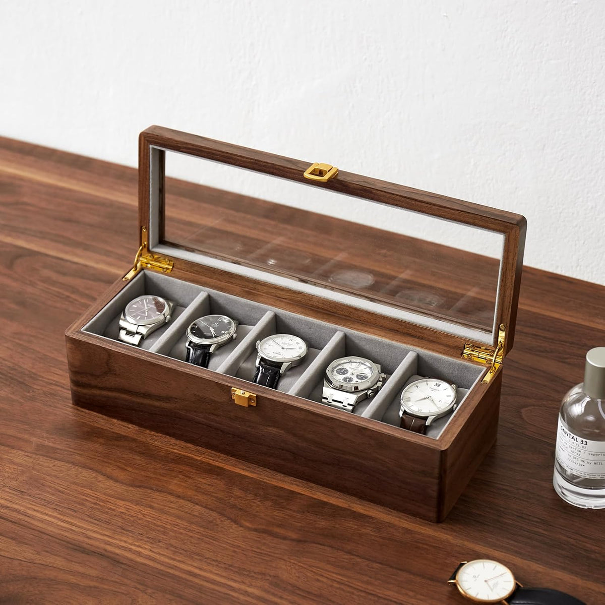 Premium Solid Black Walnut Watch Box – Luxury Glass Display Case with Velvet Lining