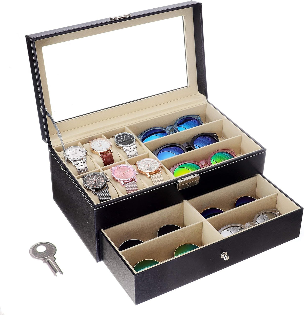 Premium Leather Watch and Sunglasses Organizer – Lockable Jewelry Display Drawer Case
