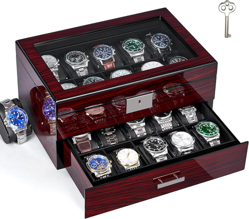 12-Slot Watch Box US Mahogany Wood Glass Lid Drawer