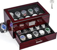 12-Slot Watch Box US Mahogany Wood Glass Lid Drawer