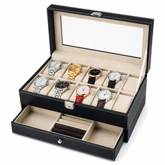 10-Slot Watch Box US Black Leather Glass Lid Drawer