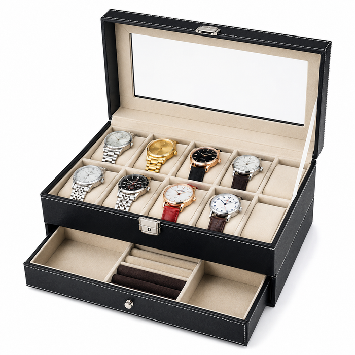 10-Slot Watch Box US Black Leather Glass Lid Drawer