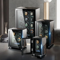 6-Slot Automatic Watch Winder Watch Box US Ebony Wood Glass Lid