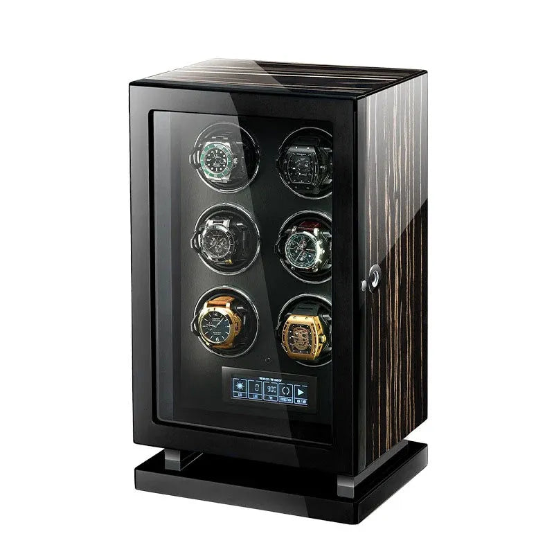 6-Slot Automatic Watch Winder Watch Box US Ebony Wood Glass Lid