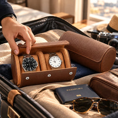 Multi Slot Watch Roll - Brown Leather Travel Case for  Timepieces