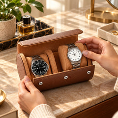 Multi Slot Watch Roll - Brown Leather Travel Case for  Timepieces