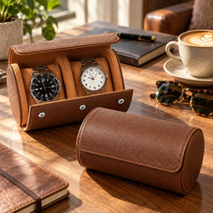 Multi Slot Watch Roll - Brown Leather Travel Case for  Timepieces