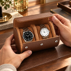 Multi Slot Watch Roll - Brown Leather Travel Case for  Timepieces