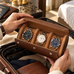 Multi Slot Watch Roll - Brown Leather Travel Case for  Timepieces