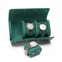 Watch Roll Travel Case - Multi-Slot Green Leather Timepiece Organizer