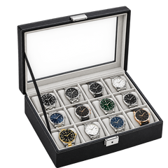 Premium 10-Slot Watch Case Organizer – Black Synthetic Leather Glass Lid Display Box