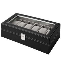 Premium 10-Slot Watch Case Organizer – Black Synthetic Leather Glass Lid Display Box