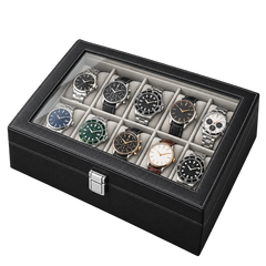 Premium 10-Slot Watch Case Organizer – Black Synthetic Leather Glass Lid Display Box