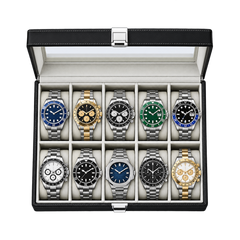 Premium 10-Slot Watch Case Organizer – Black Synthetic Leather Glass Lid Display Box