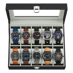 Premium 10-Slot Watch Case Organizer – Black Synthetic Leather Glass Lid Display Box