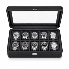 12-Slot Black Leather Watch Box/Case, Glass Lid, Microsuede Lining