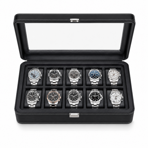 12-Slot Black Leather Watch Box/Case, Glass Lid, Microsuede Lining