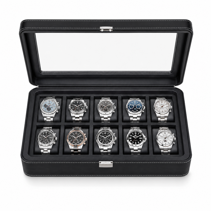 12-Slot Black Leather Watch Box/Case, Glass Lid, Microsuede Lining