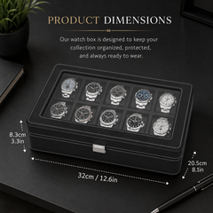 12-Slot Black Leather Watch Box/Case, Glass Lid, Microsuede Lining