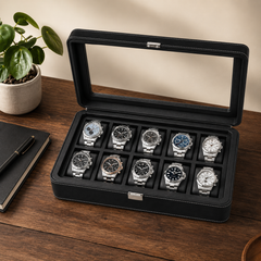 12-Slot Black Leather Watch Box/Case, Glass Lid, Microsuede Lining