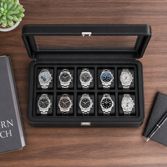 12-Slot Black Leather Watch Box/Case, Glass Lid, Microsuede Lining