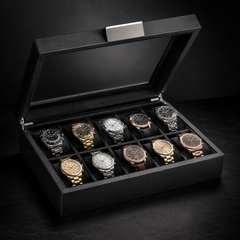 10-Slot Carbon Fiber Watch Box, Glass Lid, Removable Pillows