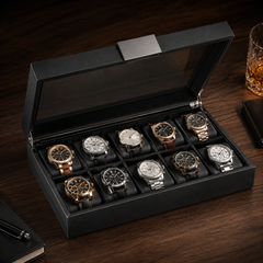 10-Slot Carbon Fiber Watch Box, Glass Lid, Removable Pillows
