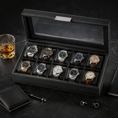 10-Slot Carbon Fiber Watch Box, Glass Lid, Removable Pillows
