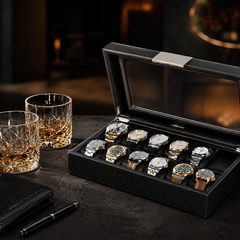 10-Slot Carbon Fiber Watch Box, Glass Lid, Removable Pillows