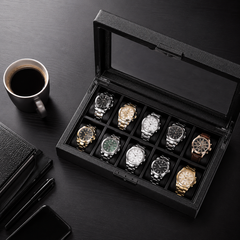 10-Slot Carbon Fiber Watch Box, Glass Lid, Removable Pillows