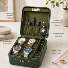 4-Slot Watch Box US Green Leather Locking Case