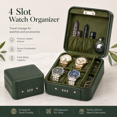 4-Slot Watch Box US Green Leather Locking Case