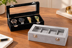 Premium 4-slot watch display box with Glass Lid & Lockable Storage