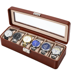 Premium 6 Slot PU Leather Watch Organizer – Glass Lid & Lock Display Storage Case