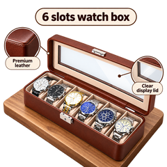 Premium 6 Slot PU Leather Watch Organizer – Glass Lid & Lock Display Storage Case