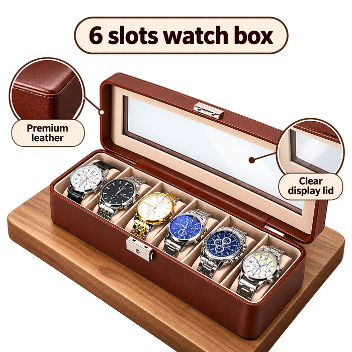 Premium 6 Slot PU Leather Watch Organizer – Glass Lid & Lock Display Storage Case